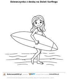 Dziewczynka z deską na Dzień Surfingu — kolorowanka na Dzień Surfingu do wydruku