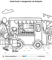 Food truck z burgerami na festynie — kolorowanka na Dzień Hamburgera do wydruku