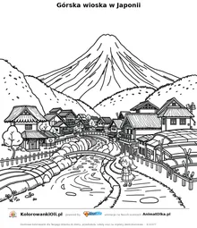 Górska wioska w Japonii — kolorowanka na Dzień Gór w Japonii do wydruku