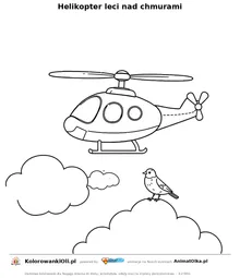 Helikopter leci nad chmurami — kolorowanka na Dzień Lotnictwa Cywilnego do wydruku
