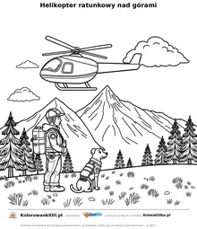 Helikopter ratunkowy nad górami — kolorowanka na Dzień Numeru Alarmowego do wydruku