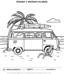 Kamper z deskami na plaży — kolorowanka na Dzień Surfingu do wydruku