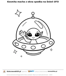 Kosmita macha z okna spodka na Dzień UFO — kolorowanka na Dzień UFO do wydruku
