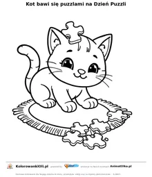 Kot bawi się puzzlami na Dzień Puzzli — kolorowanka na Dzień Puzzli do wydruku