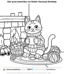 Kot przy kominku na Dzień Gorącej Herbaty — kolorowanka na Dzień Gorącej Herbaty do wydruku