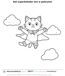 Kot superbohater leci w pelerynie — kolorowanka na Dzień Superbohatera do wydruku