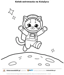 Kotek-astronauta na Księżycu — kolorowanka na Dzień Księżyca do wydruku