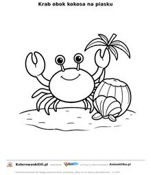 Krab obok kokosa na piasku — kolorowanka na Dzień Kokosa do wydruku