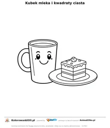 Kubek mleka i kwadraty ciasta — kolorowanka na Dzień Brownie do wydruku