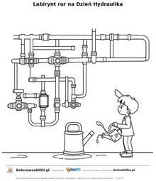 Labirynt rur na Dzień Hydraulika — kolorowanka na Dzień Hydraulika do wydruku