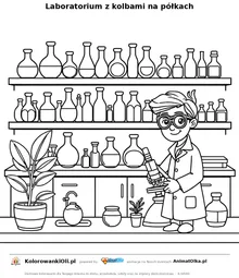 Laboratorium z kolbami na półkach — kolorowanka na Dzień Chemika do wydruku