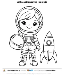 Lalka astronautka i rakieta — kolorowanka na Dzień Lalki do wydruku