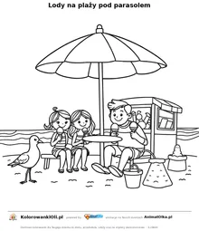 Lody na plaży pod parasolem — kolorowanka na Dzień Lodów Rzemieślniczych do wydruku