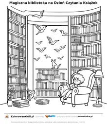 Magiczna biblioteka na Dzień Czytania Książek — kolorowanka na Dzień Czytania Książek do wydruku