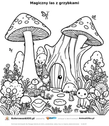 Magiczny las z grzybkami — kolorowanka na Dzień Opowiadania Baśni do wydruku