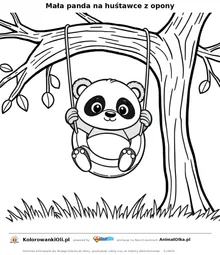 Mała panda na huśtawce z opony — kolorowanka na Dzień Pandy do wydruku