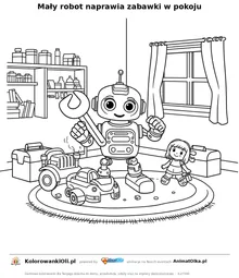 Mały robot naprawia zabawki w pokoju — kolorowanka na Dzień Naprawy do wydruku