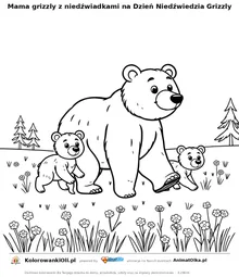 Mama grizzly z niedźwiadkami na Dzień Niedźwiedzia Grizzly — kolorowanka na Dzień Niedźwiedzia Grizzly do wydruku