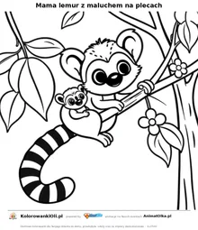 Mama lemur z maluchem na plecach — kolorowanka na Dzień Lemura do wydruku
