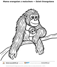 Mama orangutan z maluchem — Dzień Orangutana — kolorowanka na Dzień Orangutana do wydruku
