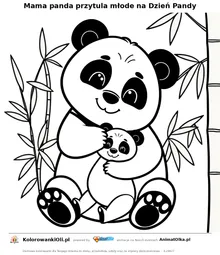 Mama panda przytula młode na Dzień Pandy — kolorowanka na Dzień Pandy do wydruku