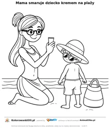 Mama smaruje dziecko kremem na plaży — kolorowanka na Dzień Kremu z Filtrem do wydruku