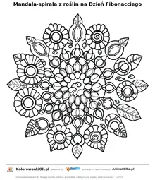 Mandala-spirala z roślin na Dzień Fibonacciego — kolorowanka na Dzień Fibonacciego do wydruku