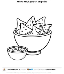 Miska trójkątnych chipsów — kolorowanka na Dzień Chipsów Tortilla do wydruku