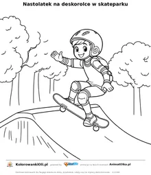 Nastolatek na deskorolce w skateparku — kolorowanka na Dzień Młodzieży do wydruku