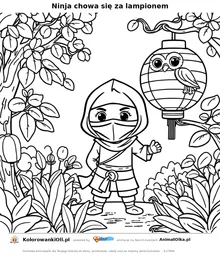 Ninja chowa się za lampionem — kolorowanka na Dzień Ninja do wydruku