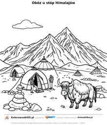 Obóz u stóp Himalajów — kolorowanka na Dzień Mount Everestu do wydruku