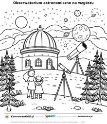 Obserwatorium astronomiczne na wzgórzu — kolorowanka na Dzień Rotacji Ziemi do wydruku