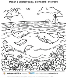 Ocean z wielorybami, delfinami i mewami — kolorowanka na Dzień Wieloryba do wydruku