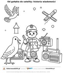 Od gołębia do satelity: historia wiadomości — kolorowanka na Dzień Telekomunikacji do wydruku