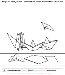 Origami ptak, łódka i samolot na Dzień Samolotów z Papieru — kolorowanka na Dzień Samolotów z Papieru do wydruku