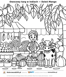 Owocowy targ w Indiach — Dzień Mango — kolorowanka na Dzień Mango do wydruku