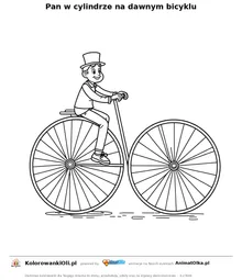 Pan w cylindrze na dawnym bicyklu — kolorowanka na Dzień Wynalazcy do wydruku