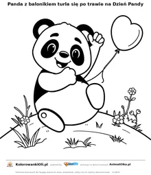 Panda z balonikiem turla się po trawie na Dzień Pandy — kolorowanka na Dzień Pandy do wydruku