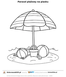 Parasol plażowy na piasku — kolorowanka na Dzień Parasolki do wydruku
