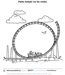 Pętla kolejki na tle nieba — kolorowanka na Dzień Roller Coastera do wydruku