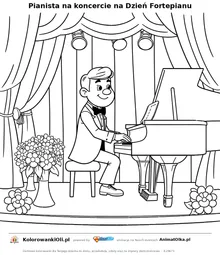 Pianista na koncercie na Dzień Fortepianu — kolorowanka na Dzień Fortepianu do wydruku