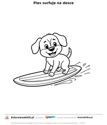 Pies surfuje na desce — kolorowanka na Dzień Surfingu do wydruku
