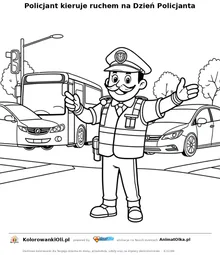 Policjant kieruje ruchem na Dzień Policjanta — kolorowanka na Dzień Policjanta do wydruku