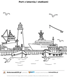 Port z latarnią i statkami — kolorowanka na Dzień Latarni Morskich do wydruku