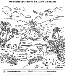 Prehistoryczna dolina na Dzień Dinozaura — kolorowanka na Dzień Dinozaura do wydruku