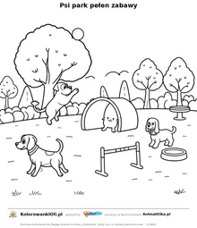 Psi park pełen zabawy — kolorowanka na Dzień Golden Retrievera do wydruku