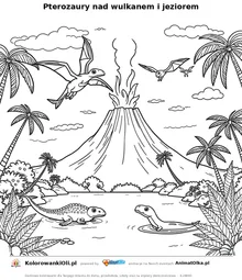 Pterozaury nad wulkanem i jeziorem — kolorowanka na Dzień Rysowania Dinozaurów do wydruku