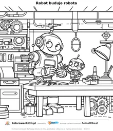 Robot buduje robota — kolorowanka na Dzień Programisty do wydruku