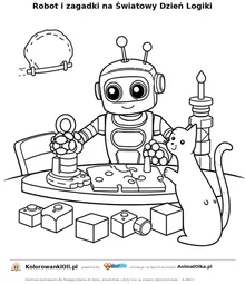 Robot i zagadki na Światowy Dzień Logiki — kolorowanka na Światowy Dzień Logiki do wydruku