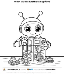Robot układa kostkę łamigłówkę — kolorowanka na Dzień Kostki Rubika do wydruku